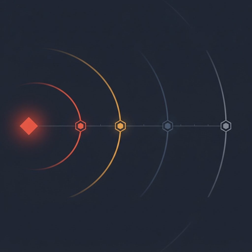 A changed API field at the origin of an expanding shockwave, with four consumer nodes on successive rings — red closest, then amber, then two dimmed further out — so distance from the change reads as decreasing severity.