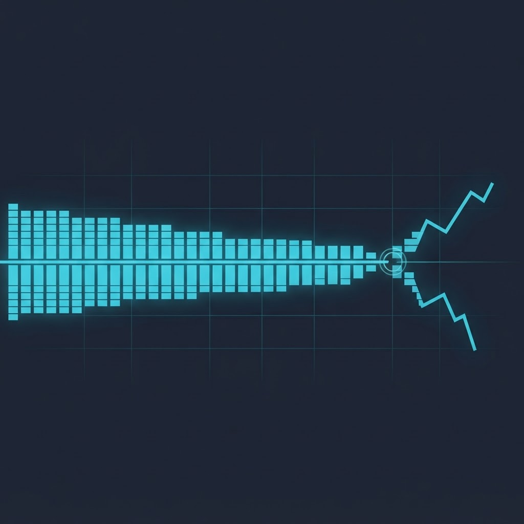 A stream of API request bars flowing left to right, with the smooth baseline splitting into two jagged diverging lines at a highlighted break point.