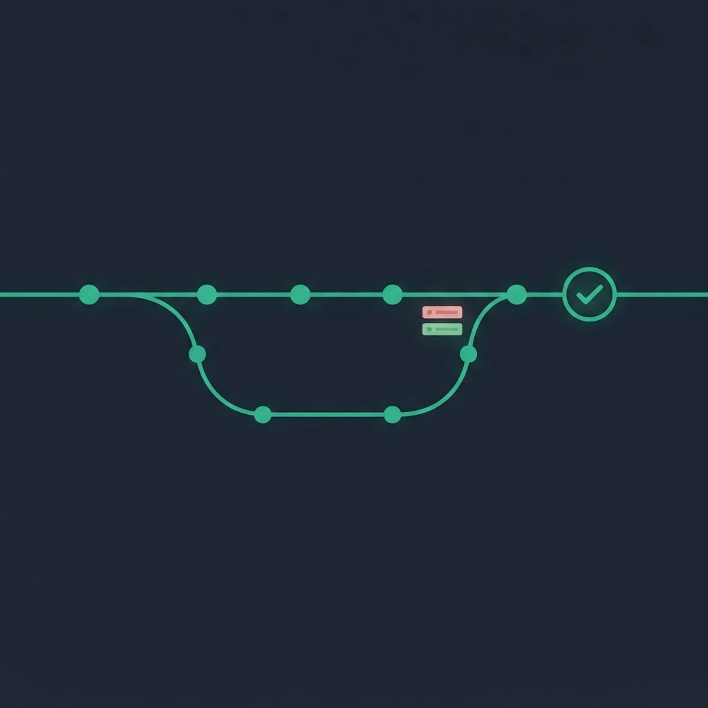 A git branch curving off a main commit line and merging back in, with a red and a green diff row at the merge point and a green check badge.