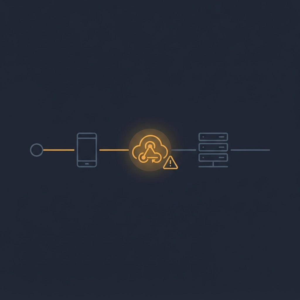 One API endpoint wired along a line through three consumers — a phone, a webhook, and a server — with only the webhook lit up in amber beside a warning triangle.